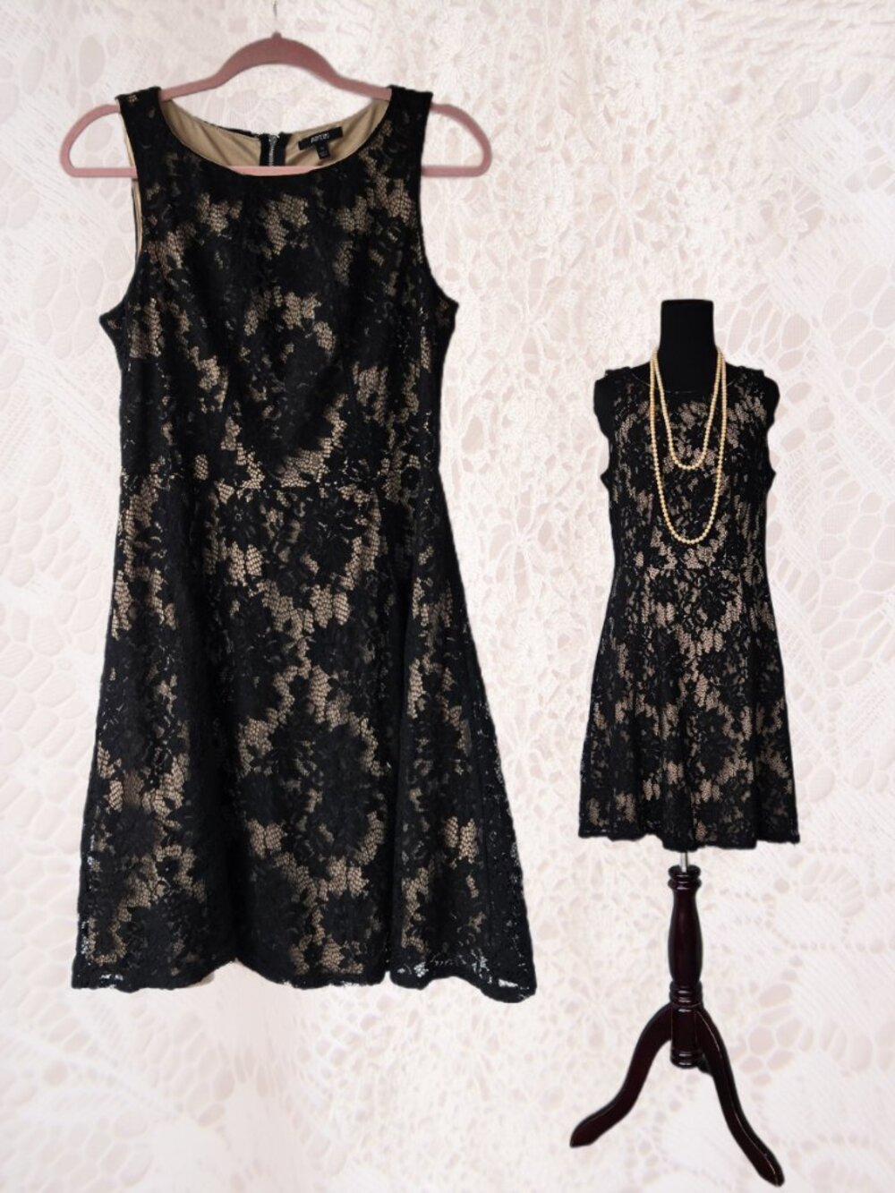 Apt. 9 Black Lace and Beige Midi-Length Dress Romantic Boho Glam